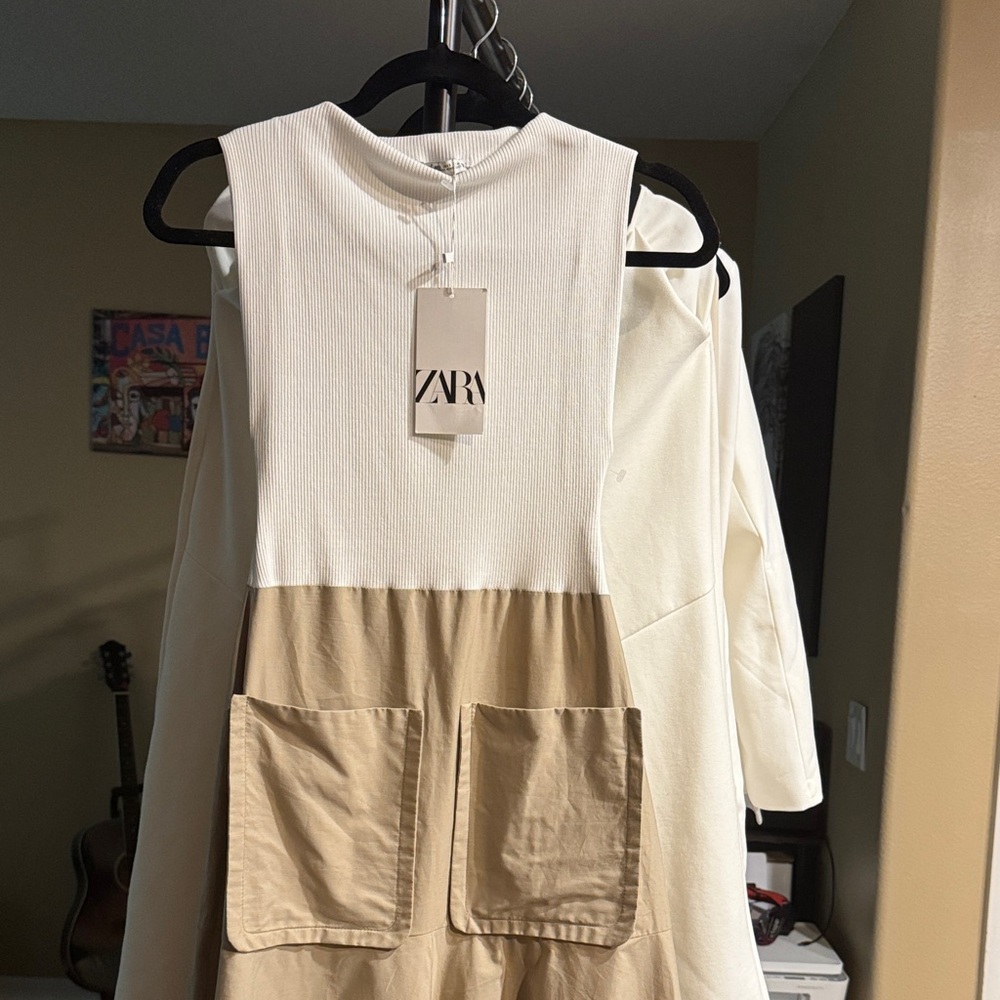 Zara Cream and Tan Dress with Front Pockets
